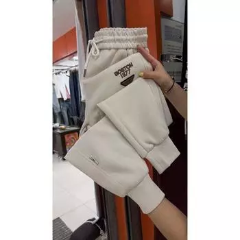 Pure Cotton Casual Thickening Plus Size Slim Looking High Waist Workout Pants Beige L