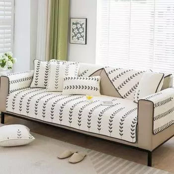 Pure Cotton Embroidery Leaf Sofa Cushion Cover Living Room Stripe Geometric Universal Sofa Cover Non-Slip Simplicity Couch Mat 70x70cm 1pcs