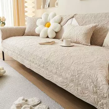 Pure Cotton Fabric Non Slip Sofa Cushion All Year Round Neutral Cotton Seat Cushions Minimalist Modern Export Quilting Mat 2024 New Arrival Flowers like brocade, khaki 50*30cm pillow case