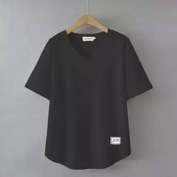 Pure Cotton Fashion V-neck Short Sleeve T-shirt Female Summer Plus Size White Loose Tummy Hiding Slimming All-Matching Western Style Anti-Aging Top Black 4XL