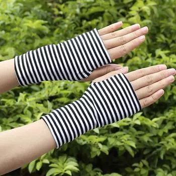 Pure Cotton Half Finger Gloves Women s Spring and Summer Sun Protection Cover Back Scar Half Men s Thin Driving Stripes Open Finger Short Black and white stripes One size