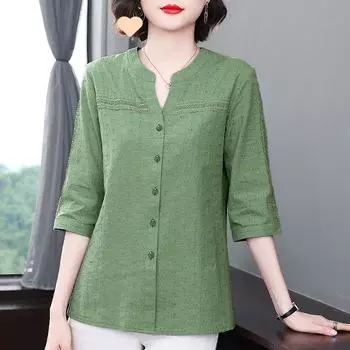 Pure Cotton Half Sleeved Shirts Women s Spring Autumn New Patchwork Lace V-neck Large Single-breasted Commute Cardigan Tops XXXXXL синий