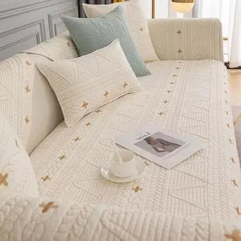 Pure Cotton Normcore British Style Sofa Cushion Embroider Quilted Fabric Cotton All Year Round Backrest Towel Cover Cloth Non Slip Breathable Star rice White 45*45 pillow case