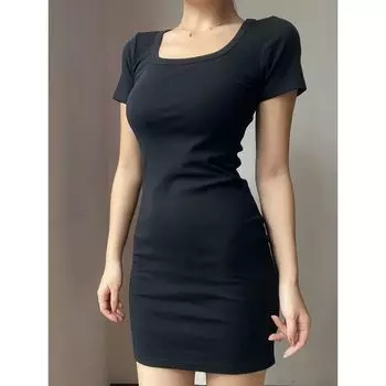 Pure Cotton Sexy Fashion Tight Short Sleeve U-Neck Dress Black S