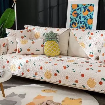 Pure Cotton Sofa Cushion All Year Round Neutral Cotton Fabric Non-Slip Cushion Minimalist Modern Living Room Sofa Towel Slipcover Scandinavian Cherry Bear 70 * 70cm