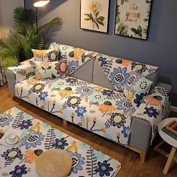 Pure Cotton Sofa Cushion Cotton Fabric 2025 New Arrival All Year Round Neutral European Nordic Idyllic Anti-Skid Leather Cushion Towel Cover 15 pure cotton soft and Comfortable 90*70cm