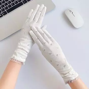 Pure Cotton Sun Protection Gloves Women Summer Outdoor Riding Driving Non-Slip Touch Screen Spring and Autumn Thin UV Protection Gloves Pure Cotton Mid Length Long Length-White All yards