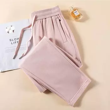 Pure Cotton Sweat pants Women 2025 Spring and Autumn New High Waist Sweatpants Plus size Casual Outer Wear Trousers Loose Straight Pants Pale pink S