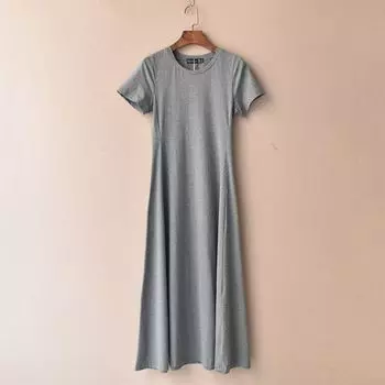 Pure Cotton Waist-Tight Dress Stripes Plus Size Beach Short Sleeve Grey XL (62.50 kg-67.50 kg shots)