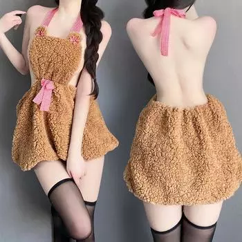 Чистое желание медведь шея ночная рубашка с открытой спиной соблазнительная ночная рубашка двухмерное нижнее белье милый комплект униформы One Size (80-60kg)