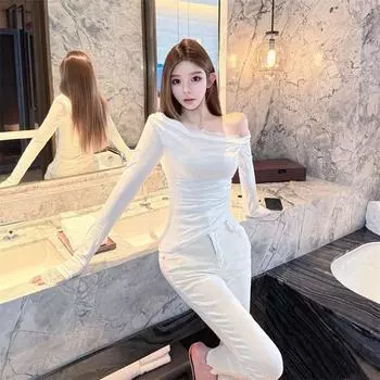 Pure Desire Lace Asymmetrical Patchwork Oblique Shoulder Long Sleeves T-shirt Female Fall Slim Fit Slim Looking Short Strapless White Tops White S