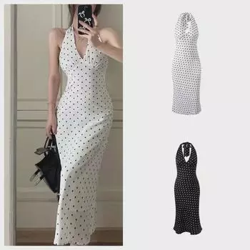 Pure Desire Летнее облегающее платье в горошек с V-образным вырезом - в стиле французского ретро, с сексуальным дизайном с открытой спиной и халтер-воротником. Medium чёрный