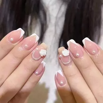 Pure Desire Pink Wear Nail Трехмерный Камелия Жемчужная Цепочка Маникюр Девушка Соседка Готовый Ногти Ногти