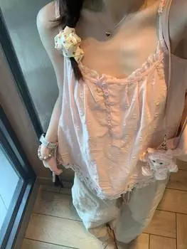 Pure Desire розовые кружевные топы без рукавов в горошек, женская летняя новая мода, обтягивающие топы без рукавов с цветочным принтом, маленькая база, 2024 S розовый