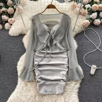 Pure Desire сексуальное плиссированное платье с глубоким вырезом на бретельках плюс свободная кружевная сетчатая куртка-кардиган, комплект из двух предметов