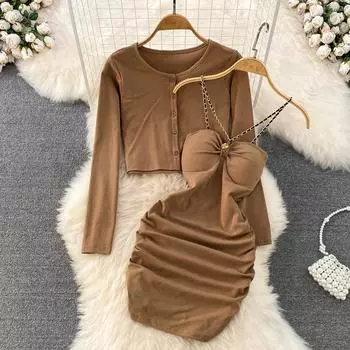 Pure Desire Сексуальный топ-труба с бретелькой на шее, облегающий тонкий плиссированный топ на бретельках на бедрах, комплект из двух предметов