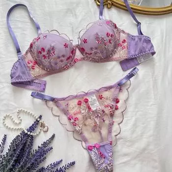 Pure Desire Sexy Girl Цветочная вышивка Сетка Собранная и тонкая Сексуальное нижнее белье XL светло-фиолетовый