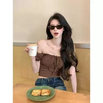 Pure Desire Sexy Hollow out Tied Square Collar Puff Sleeve T-shirt Female Summer Sexy Fashion Short Slimming Outerwear Top Curry S