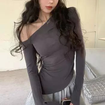 Pure Desire Sexy Sexy Style Irregular Long Sleeve T-shirt Female 2024 Autumn Black Slim-Fit Oblique Shoulder Slim Looking Tops Ins Grey S