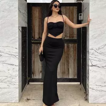 Pure Desire Style Chest Ruched Design Camisole High Waist Peach Hip Slim Fit Long Dress Skirt Fashion Two-Piece Suit Black S