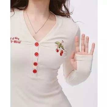 Вышитый вишневый топ Pure Desire Style Spicy Girl Short Style Женская футболка для весны и осени, утягивающая и стройнящая с V-образным вырезом и длинными рукавами S