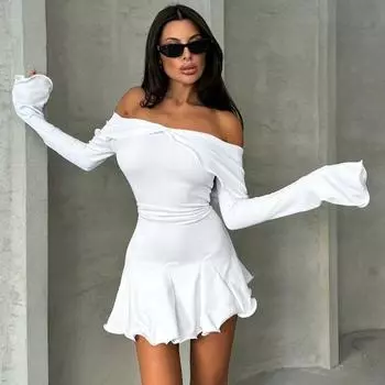 Pure Desire Style off-Shoulder Cross V-neck Long Sleeves Dress Autumn New Arrival Sexy Slim Looking off-Shoulder Cinched Short Dress White L