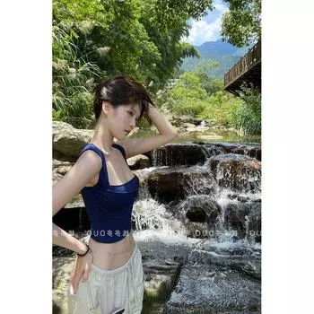 Pure Desire Style Sexy Camisole Women s Summer New Arrival Fashion Ins Skinny Short Midriff-Baring Top Slim Looking Easiest for Match Dark blue S