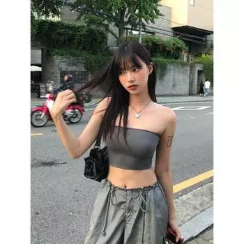 Pure Desire Style Sexy Cross Strapless Tube Top Women s Summer Beauty Style Sexy Silm Strapless Stretch Vest Tops Cement Ash S