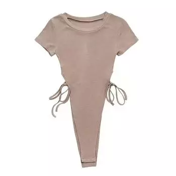 Pure Desire Style Sexy Silm round Neck One-Piece Women s T-shirt Side Hollow High Waist Strap High Fork Crotch One-Piece Tops Deep Khaki S