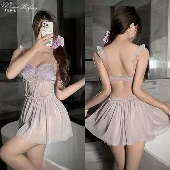 Чистое желание стиль сексуальный ночной пеньюар на подтяжках кружево бабочка тонкая прозрачная сетка с открытой спиной короткая юбка one size fits all