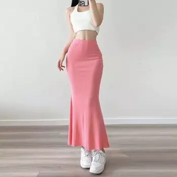 Pure Desire Style Silm Elastic Hip Skirt French Gentle New Pink Mop Long Skirt Pure Color Women s Bottoming Skirt Pink M