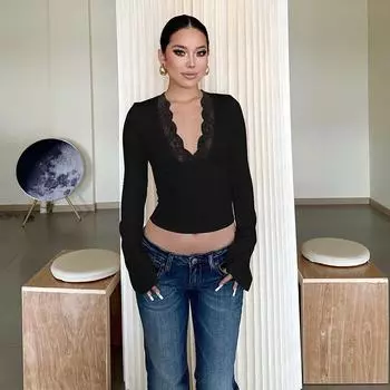 Pure Desire Style V-neck Lace Patchwork Long Sleeves Tops 2024 Summer New Arrival Sexy Silm Slim Looking Easiest for Match Crop Top T-shirt Black S