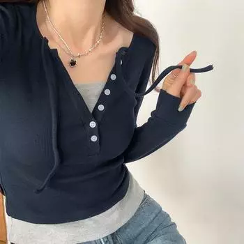 Pure Desire Sweet Cool Hot Girl Fake Двухсекционная футболка с V-образным вырезом и длинными рукавами для женщин Весна и Осень Новый Дизайн Niche Slim Fit Top S