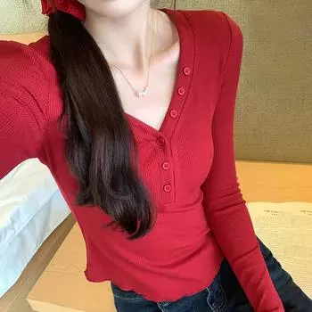 Pure Desire Универсальный дизайн V-образный вырез прошитые пуговицы нижняя рубашка осенний простой тонкий утягивающий внутренний топ S