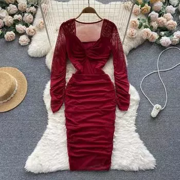 Pure Desire Wind Hot Girl с глубоким v-образным вырезом, тонкое сетчатое платье с рюшами, сексуальное платье с длинными рукавами и бедрами