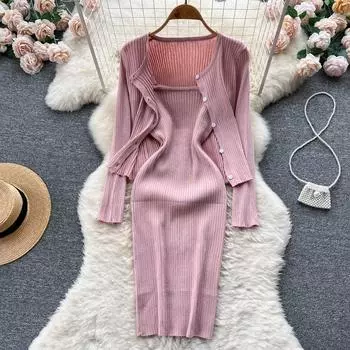 Pure Desire Wind костюм-двойка женский осенний женский темпераментный вязаный кардиган с длинными рукавами пальто тонкое платье на подтяжках One Size чёрный