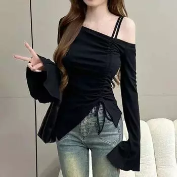 Pure Desire Wind Strapless Asymmetrical Fashionable T-shirt Female 2025 Spring New Arrival Slim Fit Drawstring Slimming Bottoming Top Black M