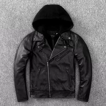 Куртка из натуральной желтой коровьей кожи первого слоя, мужская куртка для верховой езды со съемным капюшоном S чёрный