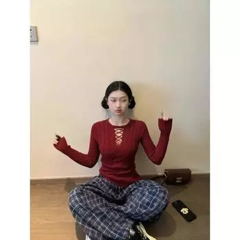 Pure Red Want Sexy Style Retro Design Waist-Tight Slim Looking Bottoming Shirt Sweater Slim Fit Inner Wear Knitting Tops Winter Red XL