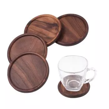 Pure Seek Coaster Wooden Cute Scandinavian Round Stylish Large Tea Cup Round Set of 4 Stylish Walnut Wood Natural Taste