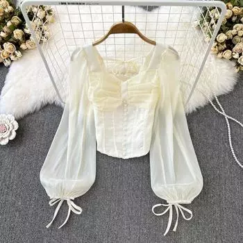 Pure Sexy Spice Girl с квадратным вырезом и длинным рукавом, тонкая рубашка с короткими рукавами и рыбьей костью, топ в стиле «рыбья кость»