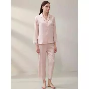 Pure Silk Pink Striped Button Up Womens Pajamas 2Pcs Lace Trim Long Silk Pajamas Home Wear M розовый