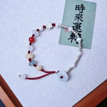 Pure Silver 999 Small Lotus Pearl Bracelet for Women Peace Buckle Red Rope Hand Strap Girlfriends Sterling Silver Bracelet Birthday Gift Wine red rope step by step to produce Lotus