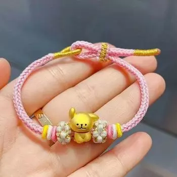 Pure Silver 999 Sterling Silver Line Puppy Bracelet Minority All-Match Woven Hand Strap This Animal Year Red Rope Gifts for Girlfriend Pink rope peach knot Golden puppy