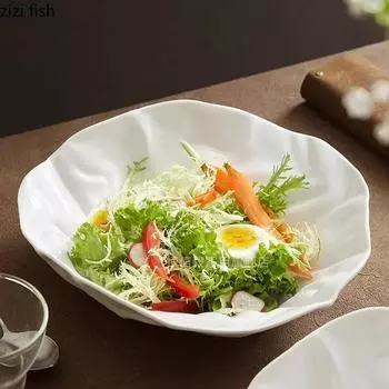 Pure White Ceramic Pleated Plate Restaurant Irregular Soup Plate Salad Plate Pasta Dessert Plates Cooking Specialty Tableware