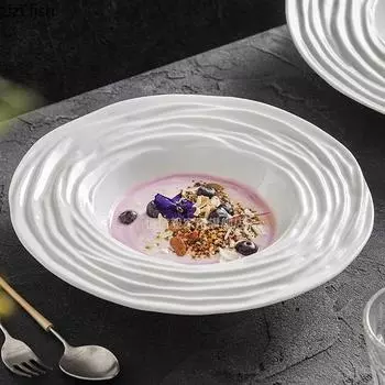 Pure White Ceramic Water Wave Pattern Deep Plate Salad Plate Dessert Plate Pasta Plates Molecular Cuisine Specialty Tableware