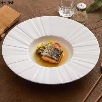 Pure White Irregular Striped Ceramic Plate Salad Plate Pasta Plate Thick Soup Plates Dessert Plates Molecular Cuisine Tableware