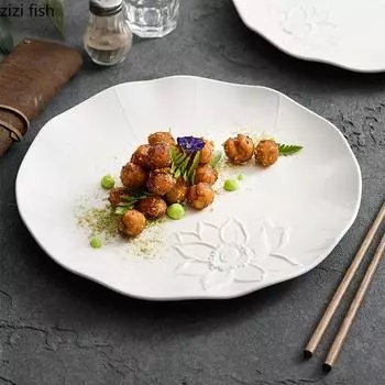 Pure White Relief Lotus Plate Ceramic Steak Plate Pasta Plate Sushi Plates Restaurant Molecular Cuisine Creative Tableware