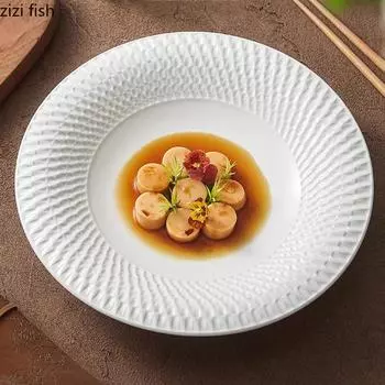 Pure White Relief Texture Ceramic Deep Bowl Salad Bowl Dessert Bowl Pasta Bowls Thick Soup Bowls Restaurant Specialty Tableware