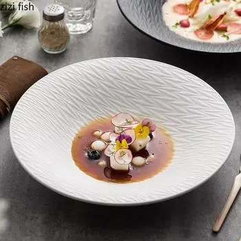 Pure White Relief Texture Ceramic Salad Bowl Restaurant Pasta Dessert Bowl Thick Soup Bowl Molecular Food Creative Tableware